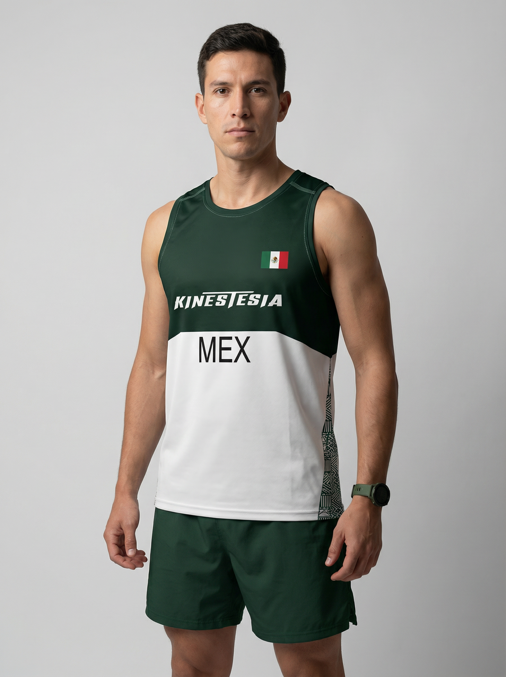 Playera deportiva KINESTESIA — PLAYERA TANK HOMBRE SIN MANGAS VERDE Y BLANCO MEXI | Ropa Deportiva México