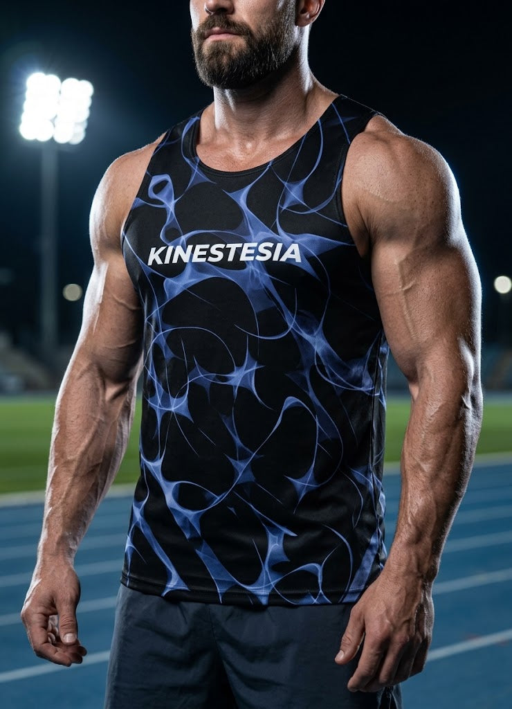 PLAYERA TANK HOMBRE SIN MANGAS NEGRA DESTELLOZ AZULES