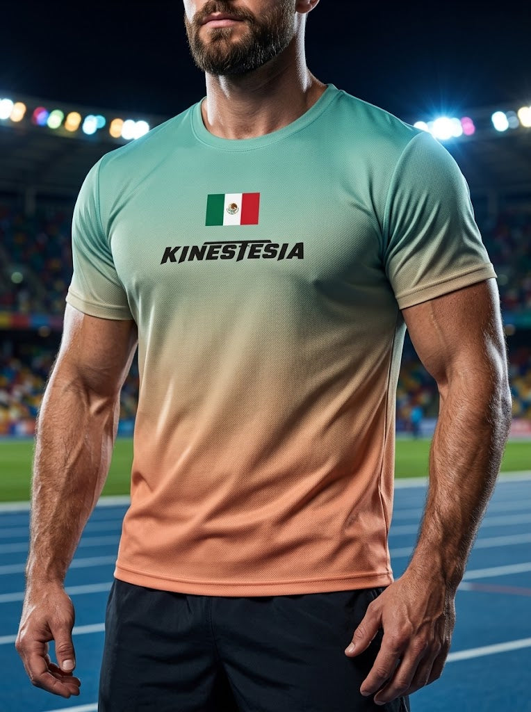 PLAYERA MANGA CORTA KINESTESIA VERDE DEGRADADO CORAL MÉXICO HOMBRE