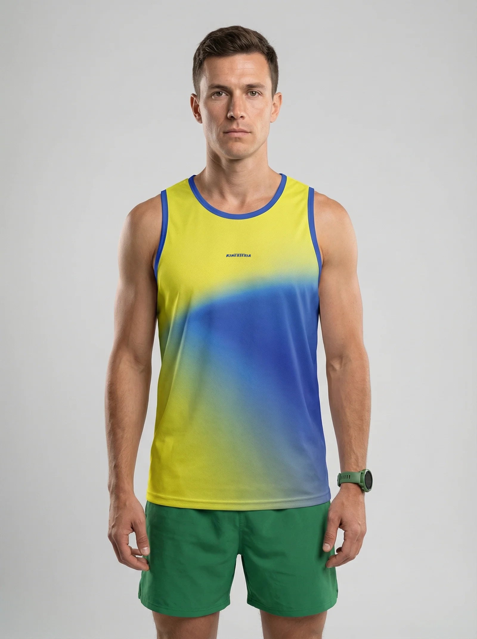 PLAYERA TANK HOMBRE SIN MANGAS AMARILLO AZUL MIXED DEGRADADO