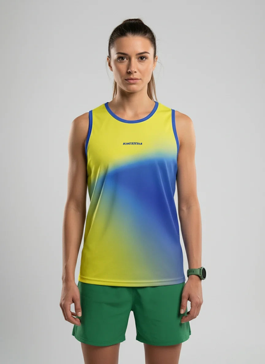 PLAYERA TANK MUJER SIN MANGAS AMARILLO AZUL MIXED DEGRADADO