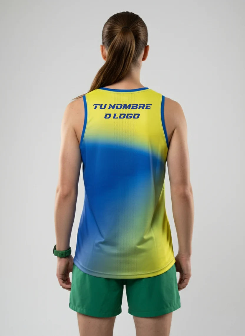 PLAYERA TANK MUJER SIN MANGAS AMARILLO AZUL MIXED DEGRADADO