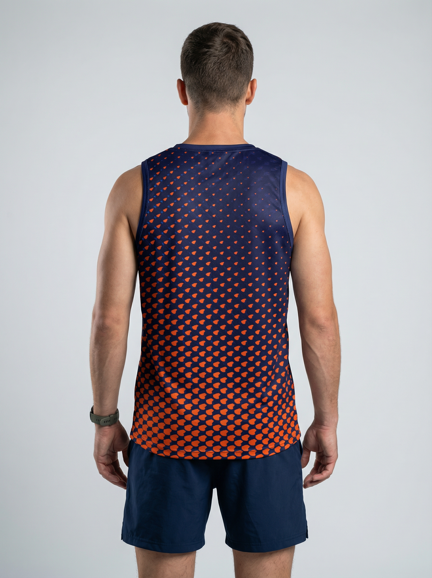 Playera deportiva de mujer — PLAYERA TANK HOMBRE SIN MANGAS NARANJA AZUL MIXED  — Kinestesia. Activewear premium.