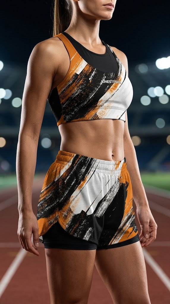 SET CONJUNTO TOP Y SHORT DEPORTIVO MUJER BLANCO NARANJA NEGRO DEGRADADO