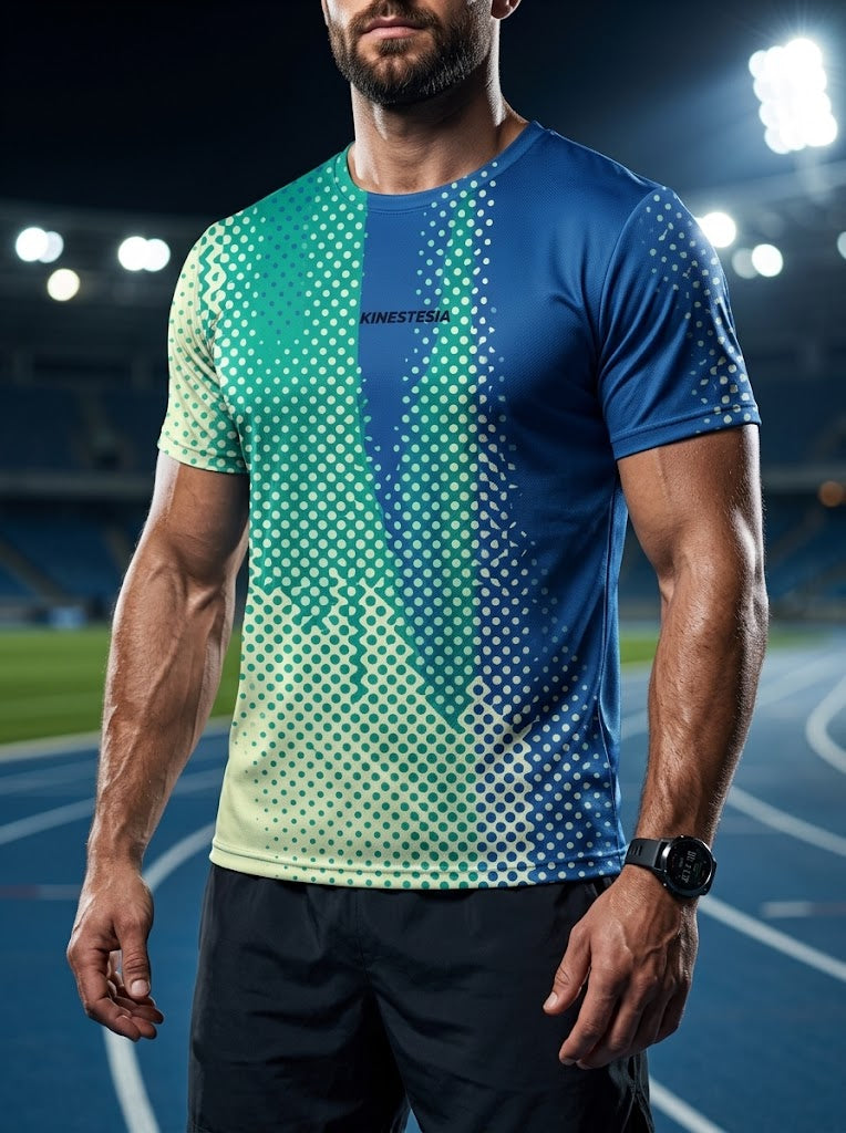 PLAYERA MANGA CORTA KINESTESIA DEGRADADO AZUL, VERDE, AMARILLO HOMBRE