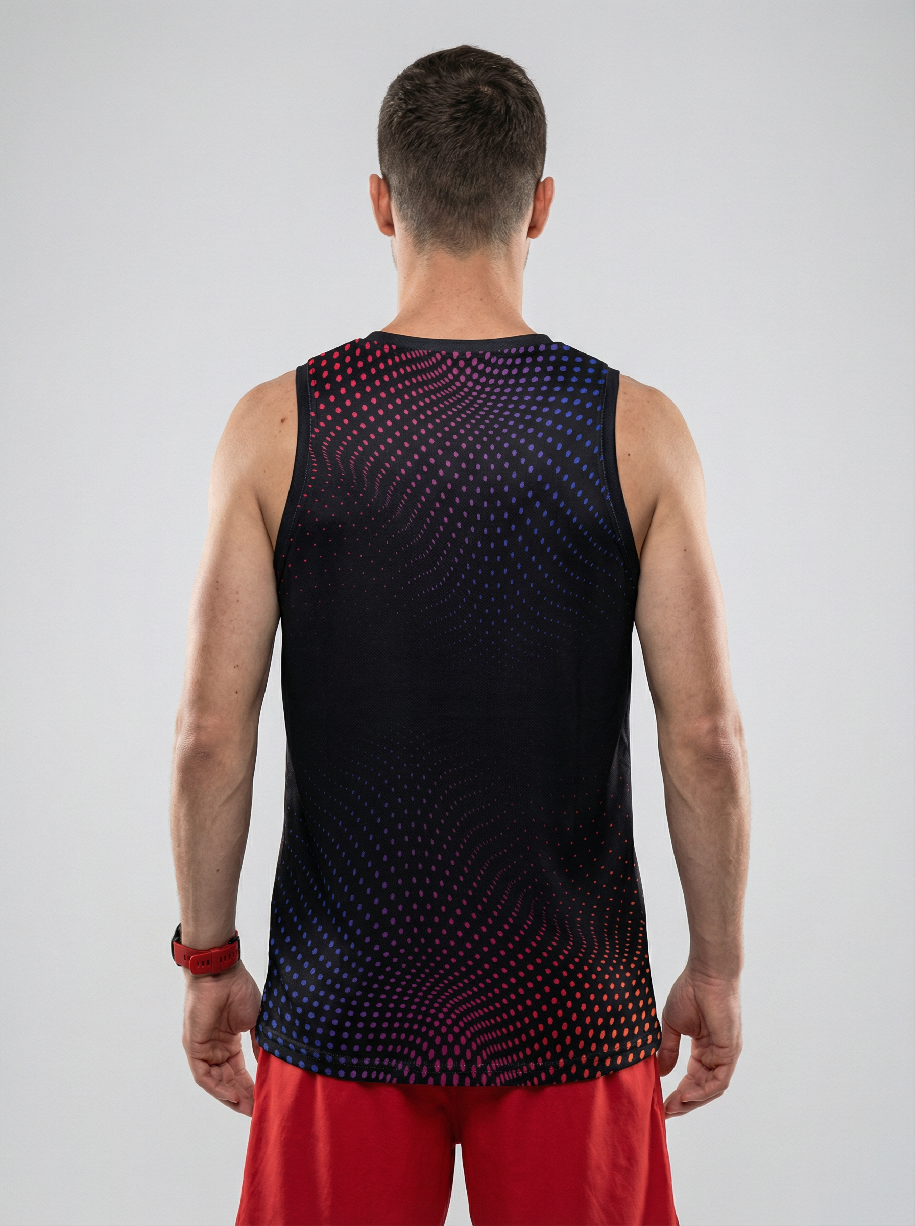 Playera deportiva de mujer — PLAYERA TANK HOMBRE SIN MANGAS NEGRA PUNTOS AZUL R — Kinestesia. Activewear premium.