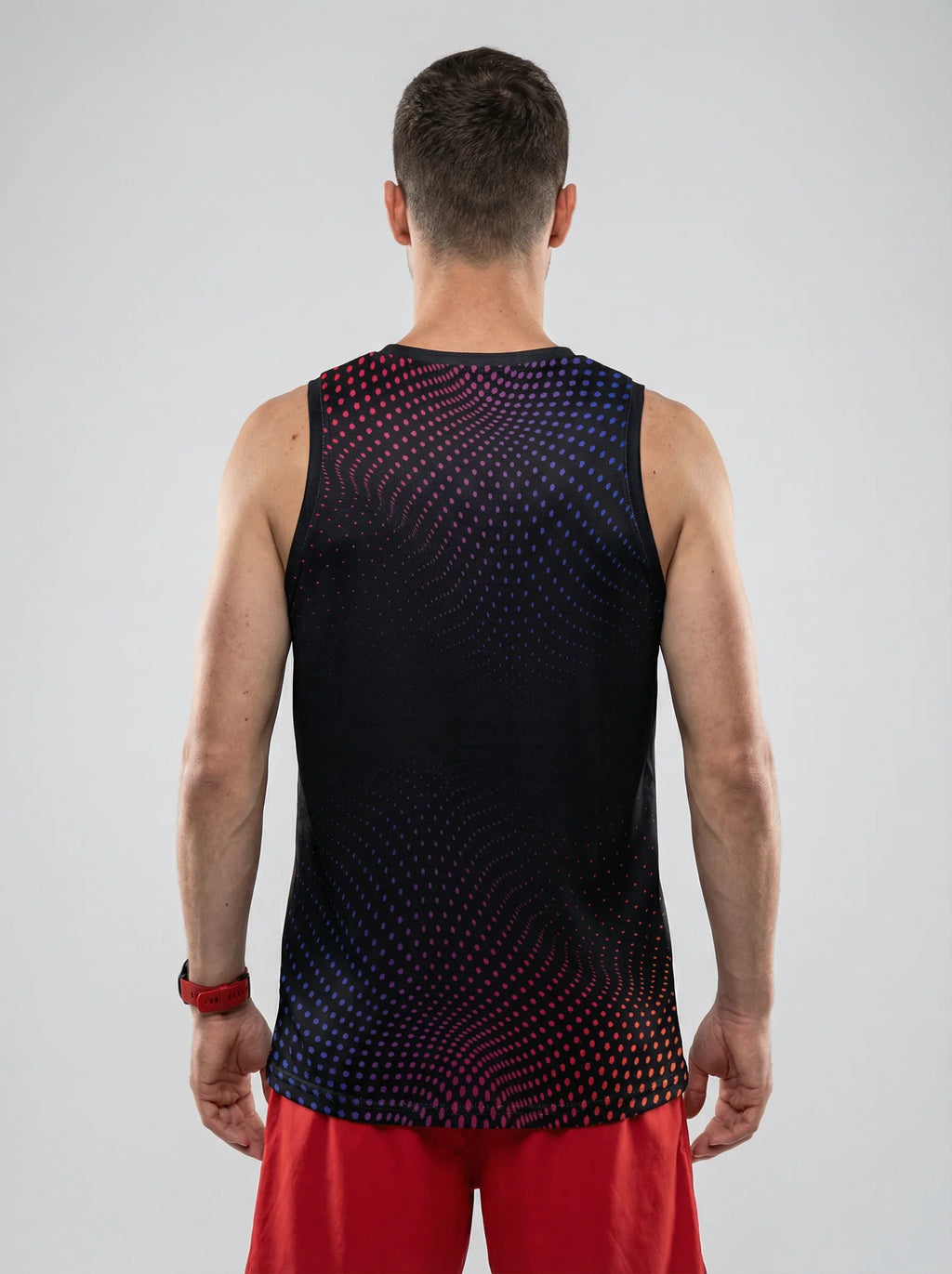 PLAYERA TANK HOMBRE SIN MANGAS NEGRA PUNTOS AZUL ROSA ROJO