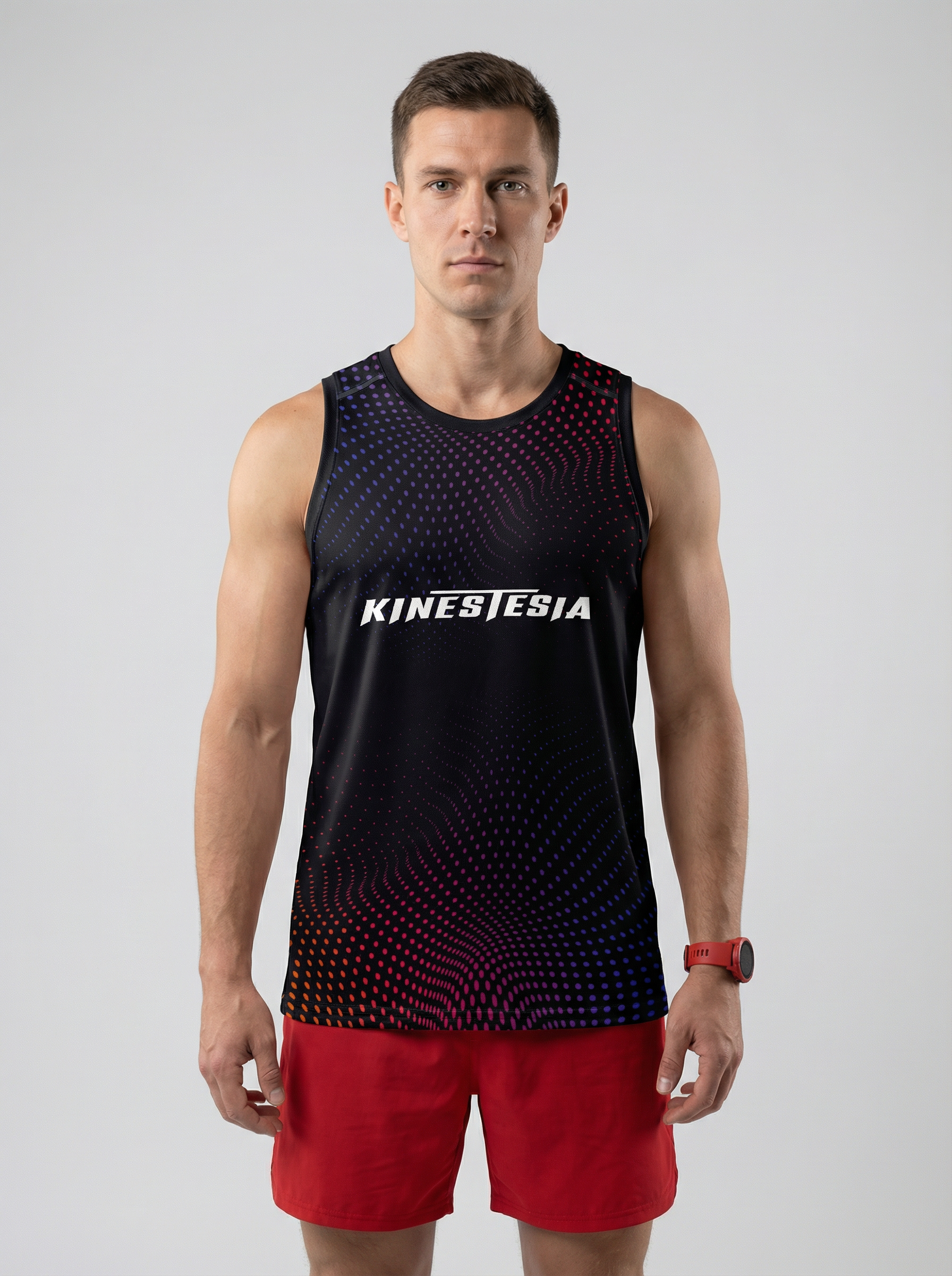 Playera deportiva KINESTESIA — PLAYERA TANK HOMBRE SIN MANGAS NEGRA PUNTOS AZUL R | Ropa Deportiva México