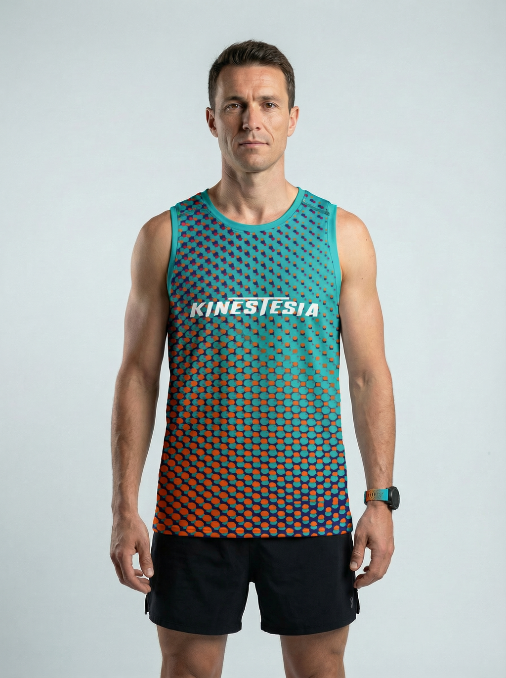Playera deportiva KINESTESIA — PLAYERA TANK HOMBRE SIN MANGAS PUNTOS TURQUESA NAR | Ropa Deportiva México