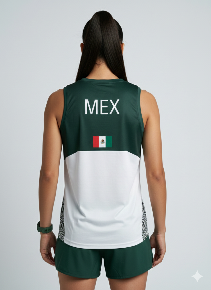 Playera deportiva de mujer — PLAYERA TANK MUJER SIN MANGAS VERDE Y BLANCO MEXIC — Kinestesia. Activewear premium.