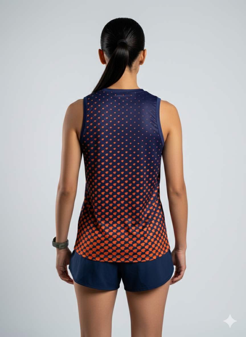 Playera deportiva de mujer — PLAYERA TANK MUJER SIN MANGAS NARANJA AZUL MIXED E — Kinestesia. Activewear premium.