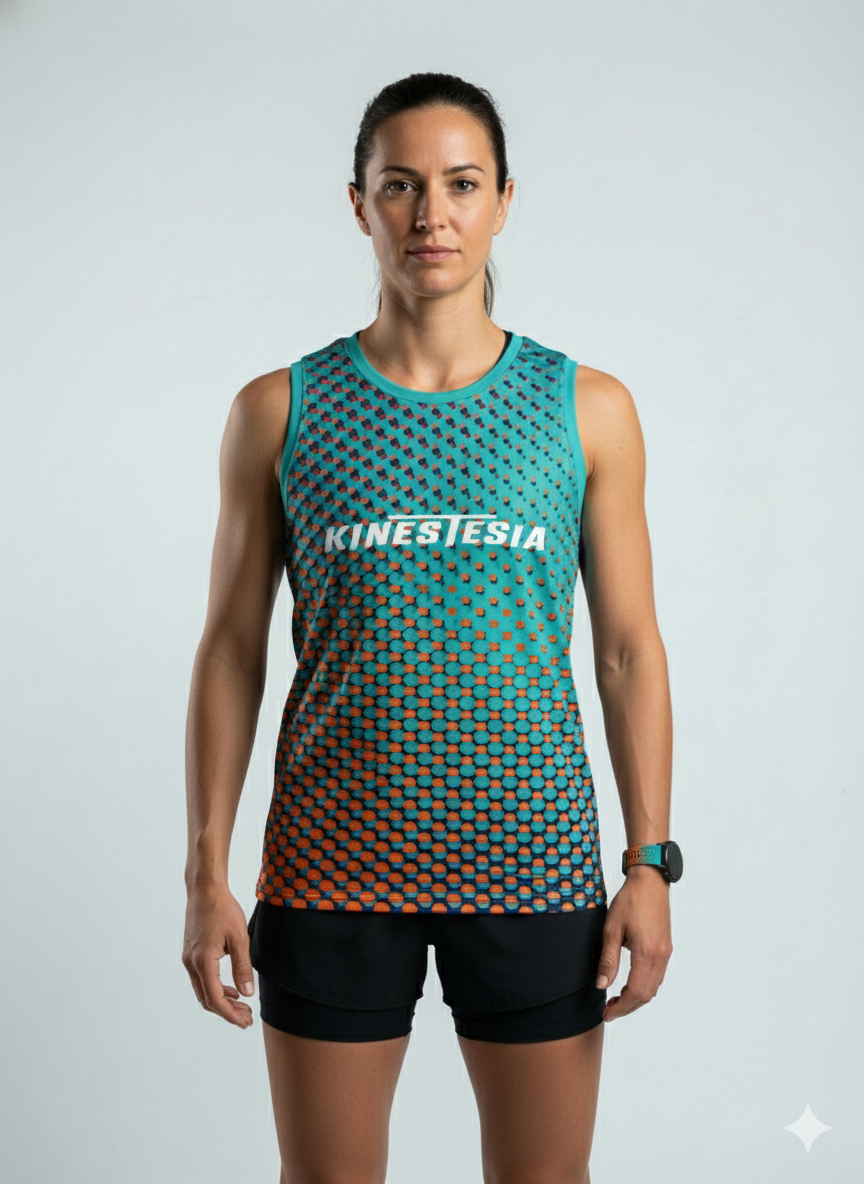 Playera deportiva KINESTESIA — PLAYERA TANK MUJER SIN MANGAS PUNTOS TURQUESA NARA | Ropa Deportiva México
