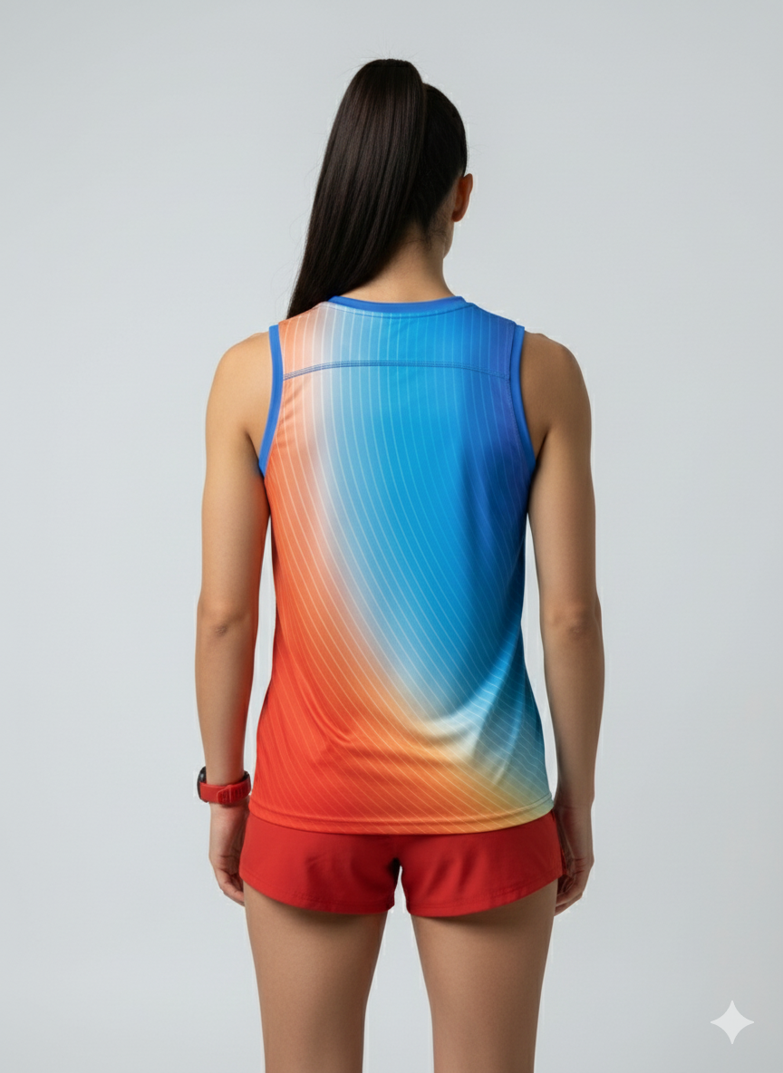 Playera deportiva de mujer — PLAYERA TANK MUJER SIN MANGAS AZUL NARANJA MIXED D — Kinestesia. Activewear premium.
