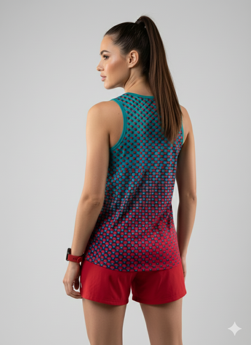 Playera deportiva de mujer — PLAYERA TANK MUJER SIN MANGAS PUNTOS VERDE ROJO MI — Kinestesia. Activewear premium.