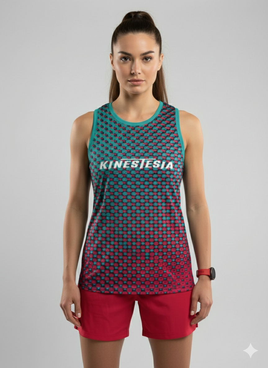 Playera deportiva KINESTESIA — PLAYERA TANK MUJER SIN MANGAS PUNTOS VERDE ROJO MI | Ropa Deportiva México