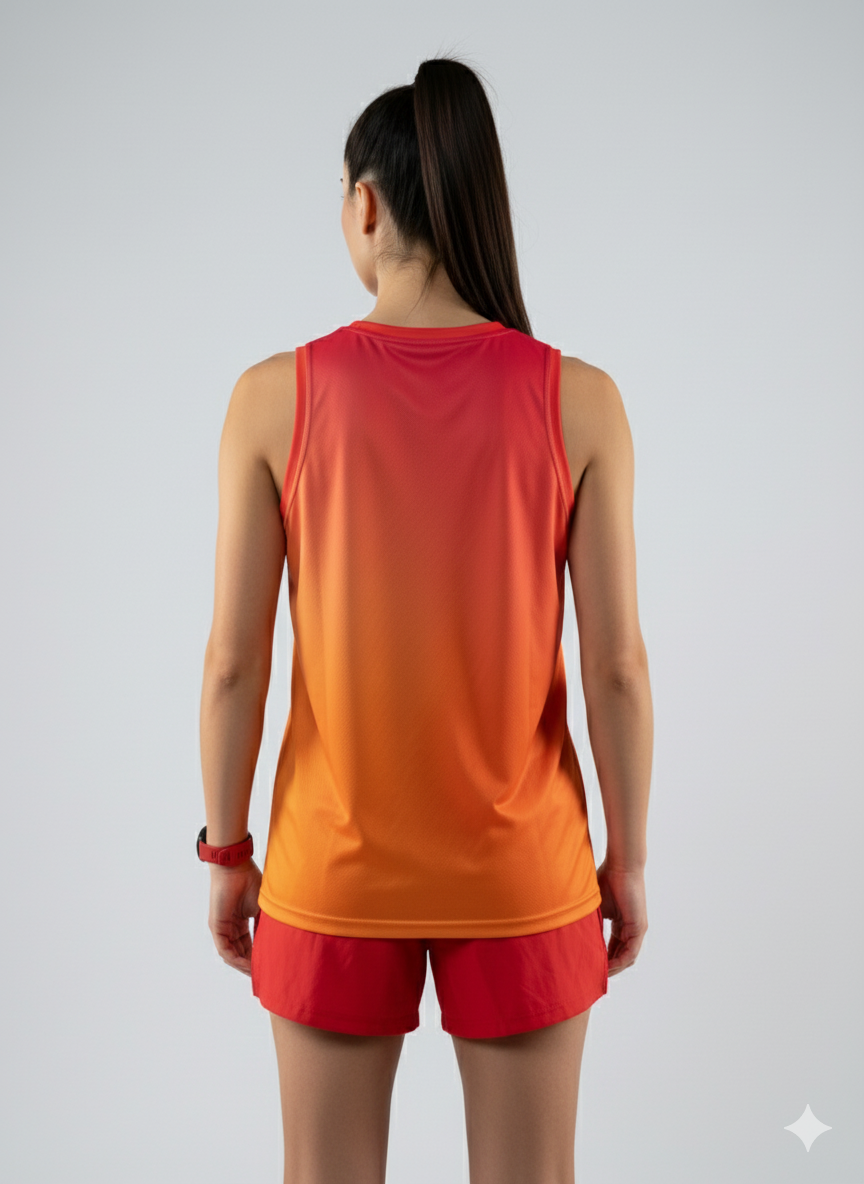 Playera deportiva de mujer — PLAYERA TANK MUJER SIN MANGAS ROJO NARANJA MIXED D — Kinestesia. Activewear premium.