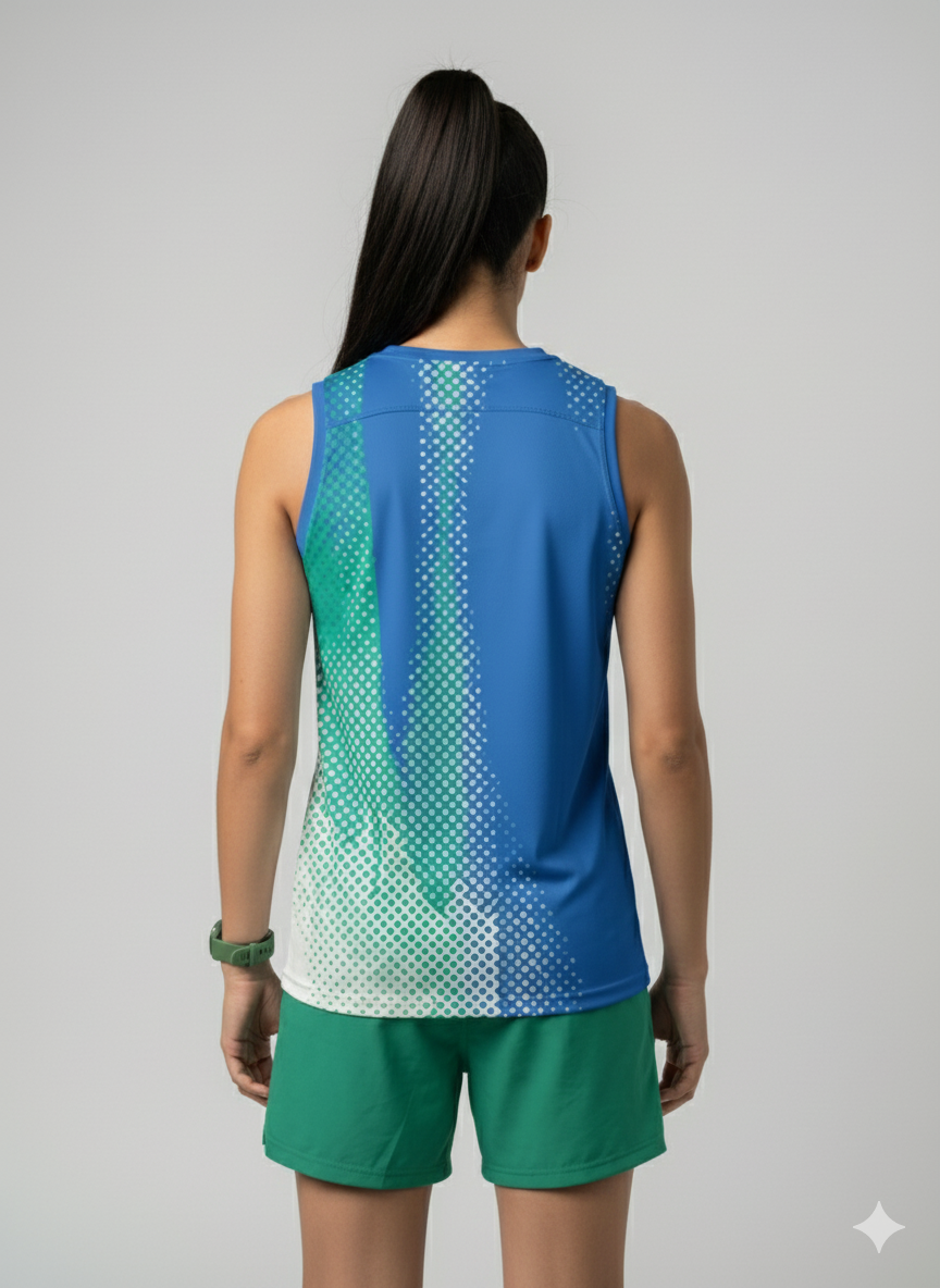 Playera deportiva de mujer — PLAYERA TANK MUJER SIN MANGAS AZUL TURQUESA MIXED  — Kinestesia. Activewear premium.