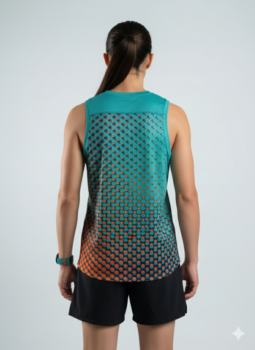 Playera deportiva de mujer — PLAYERA TANK MUJER SIN MANGAS PUNTOS TURQUESA NARA — Kinestesia. Activewear premium.