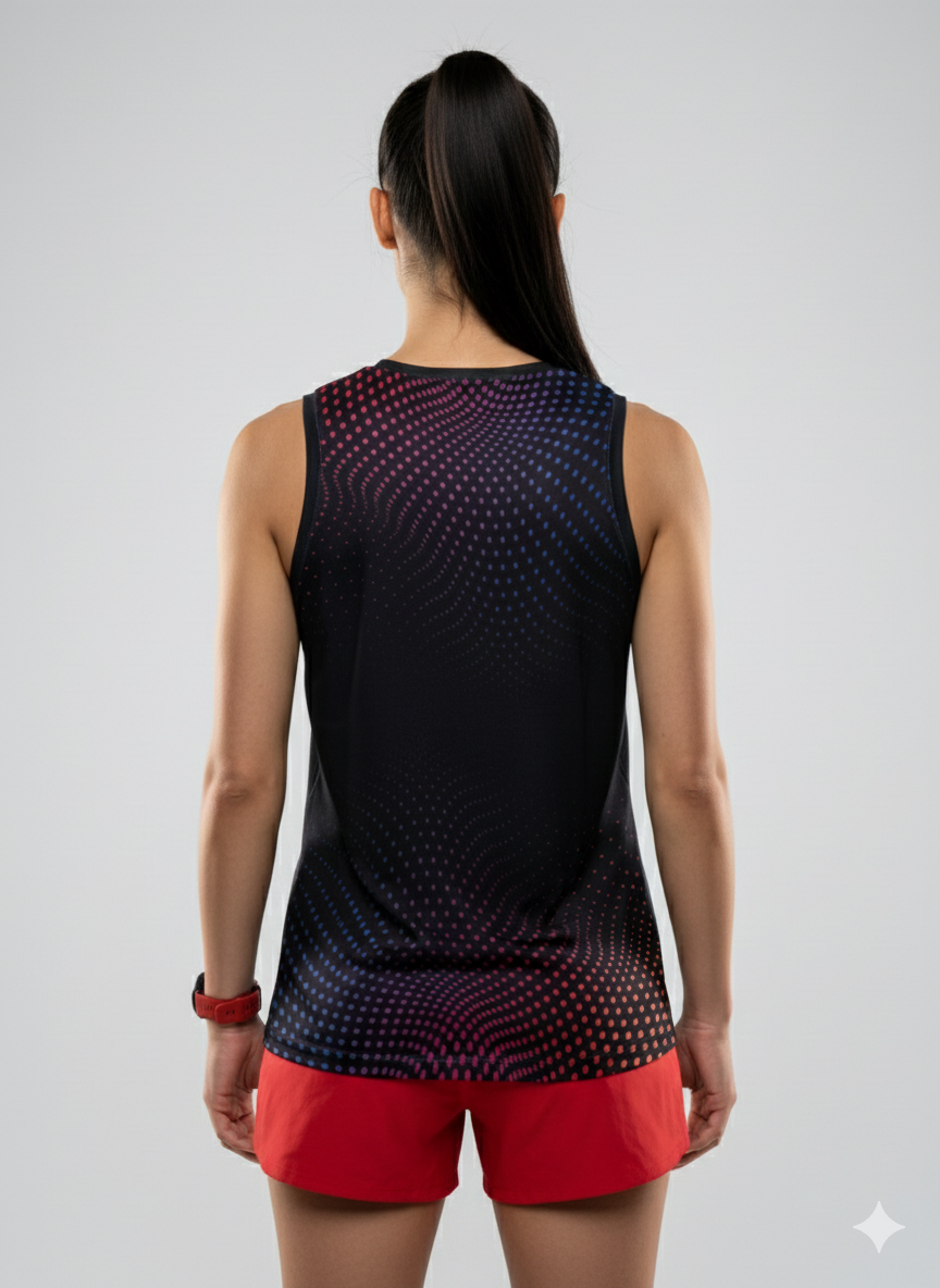 Playera deportiva de mujer — PLAYERA TANK MUJER SIN MANGAS NEGRA PUNTOS AZUL RO — Kinestesia. Activewear premium.