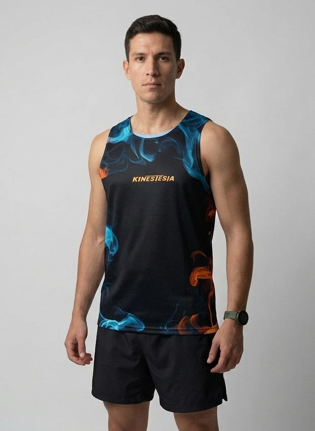 PLAYERA TANK HOMBRE SIN MANGAS NEGRA HUMO AZUL NARANJA