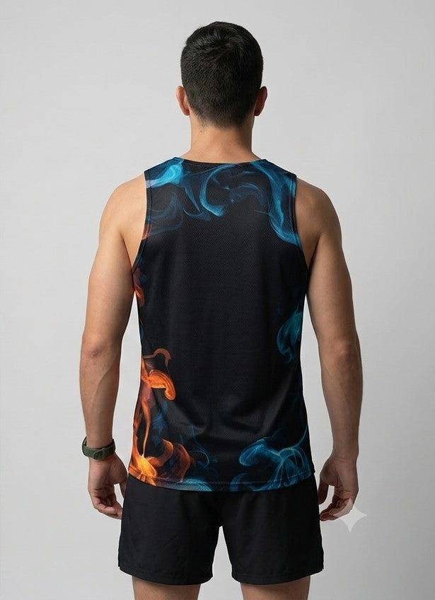 PLAYERA TANK HOMBRE SIN MANGAS NEGRA HUMO AZUL NARANJA