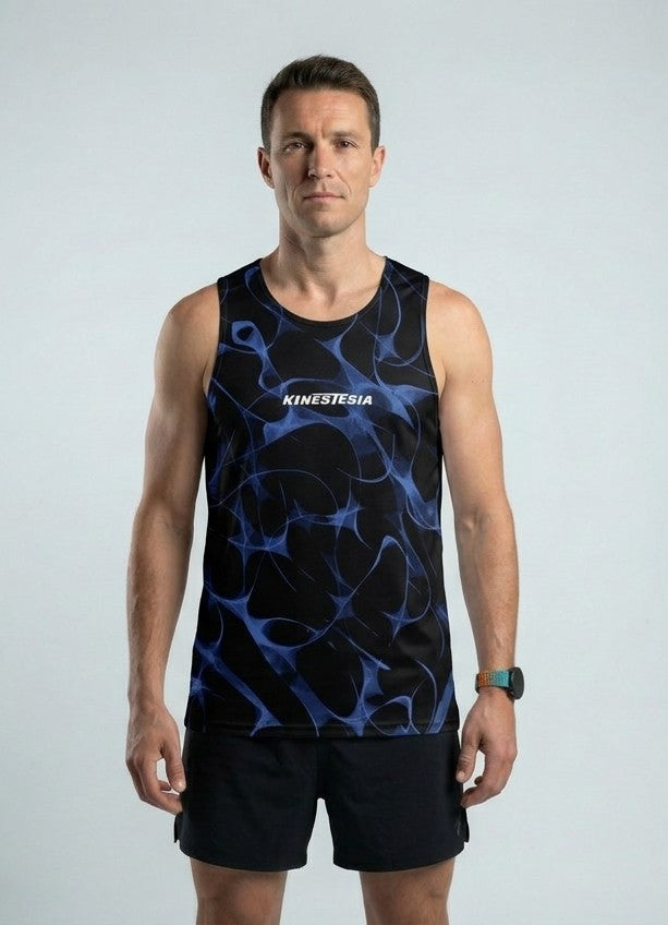 PLAYERA TANK HOMBRE SIN MANGAS NEGRA DESTELLOZ AZULES