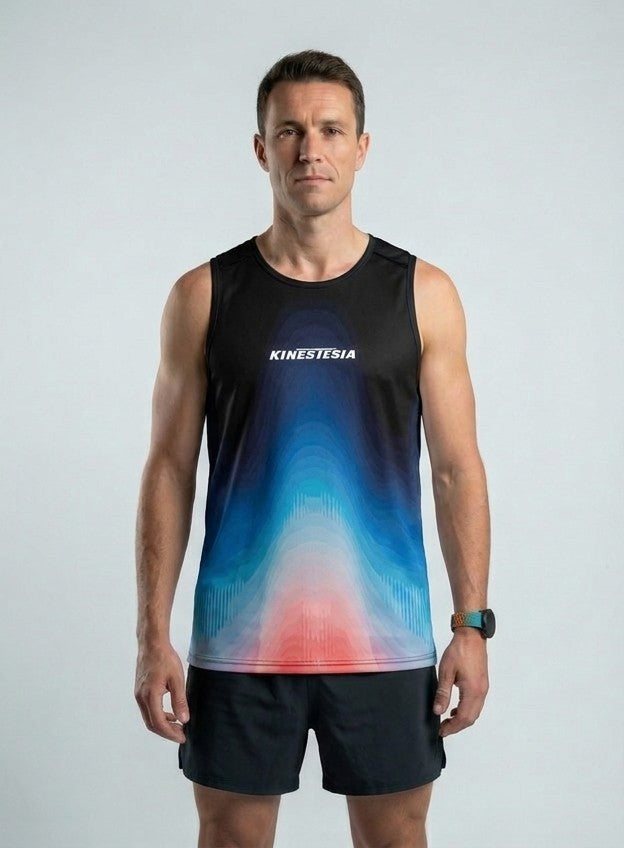 PLAYERA TANK HOMBRE SIN MANGAS NEGRA DEGRADADO AZUL, ROJO