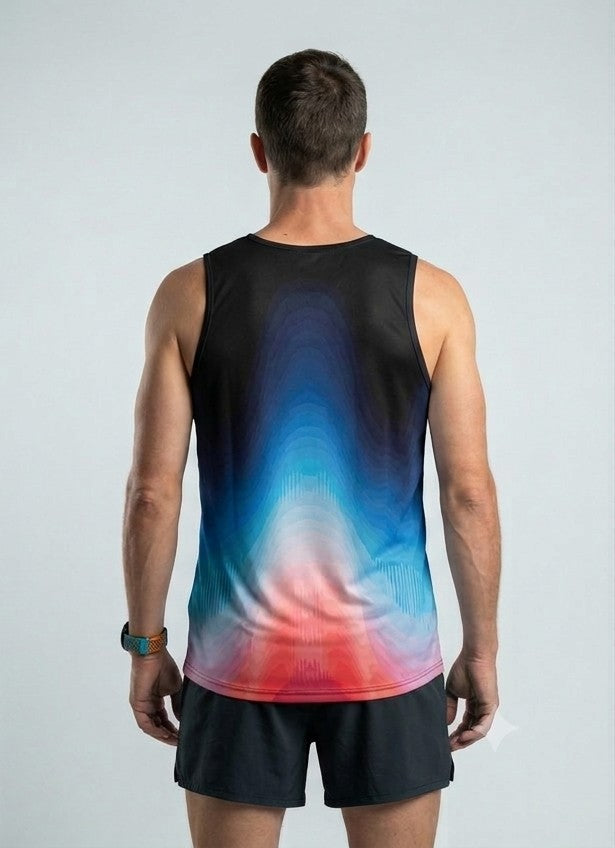 PLAYERA TANK HOMBRE SIN MANGAS NEGRA DEGRADADO AZUL, ROJO
