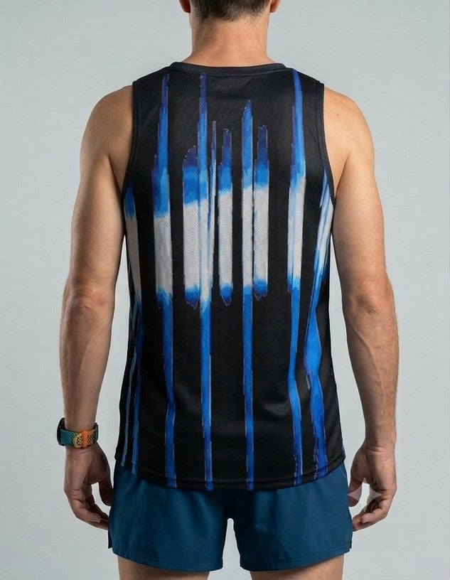 PLAYERA TANK HOMBRE SIN MANGAS NEGRA LINEAS AZULES