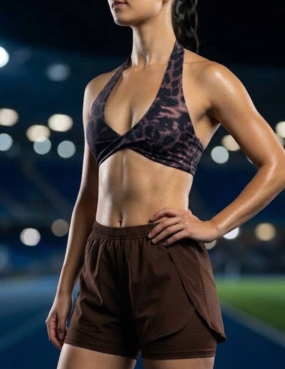 SET TOP CRUZADO Y SHORT DEPORTIVO MUJER CAFE MOTEADO