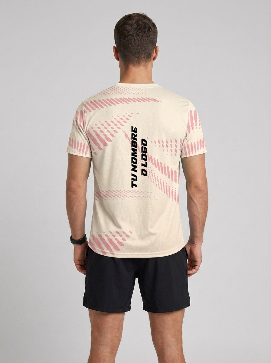 Playera deportiva de mujer — PLAYERA MANGA CORTA KINESTESIA BEIGE DETALLES ROSA — Kinestesia. Activewear premium.
