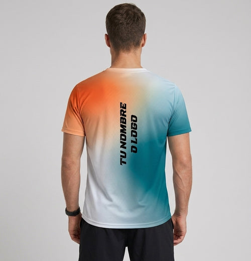 Playera deportiva de mujer — PLAYERA MANGA CORTA KINESTESIA NARANJA DEGRADADO V — Kinestesia. Activewear premium.
