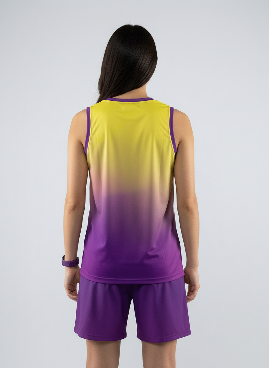 Playera deportiva de mujer — PLAYERA TANK MUJER SIN MANGAS AMARILLO MORADO MIXE — Kinestesia. Activewear premium.