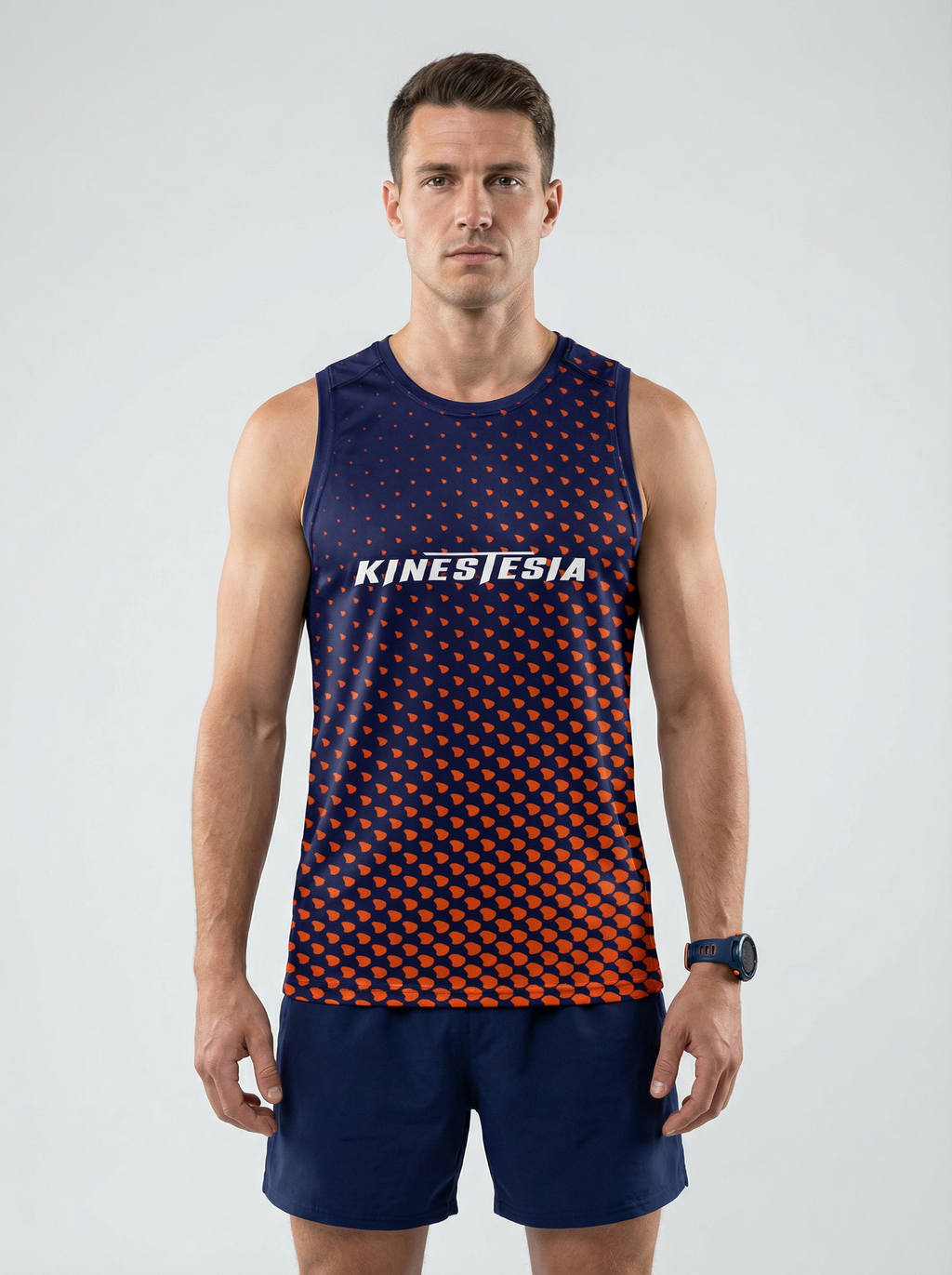 Playera deportiva KINESTESIA — PLAYERA TANK HOMBRE SIN MANGAS NARANJA AZUL MIXED  | Ropa Deportiva México