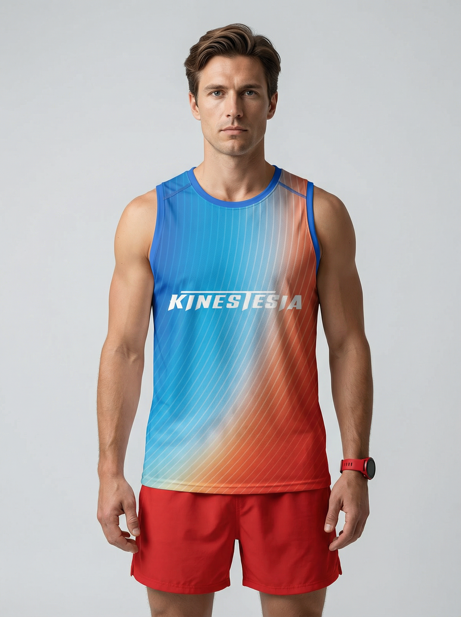 Playera deportiva KINESTESIA — PLAYERA TANK HOMBRE SIN MANGAS AZUL NARANJA MIXED  | Ropa Deportiva México