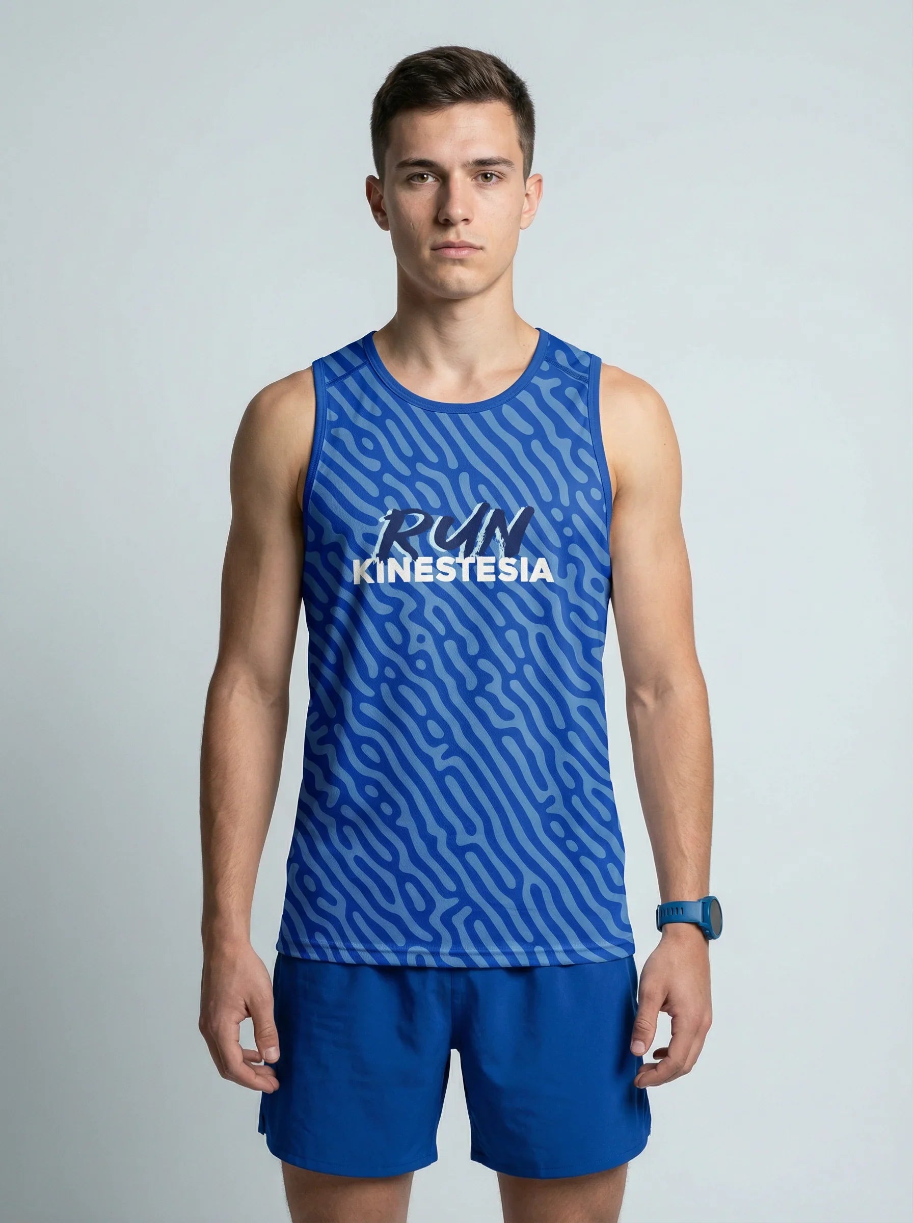 PLAYERA TANK HOMBRE SIN MANGAS AZUL MARINO LINEAS BLANCAS