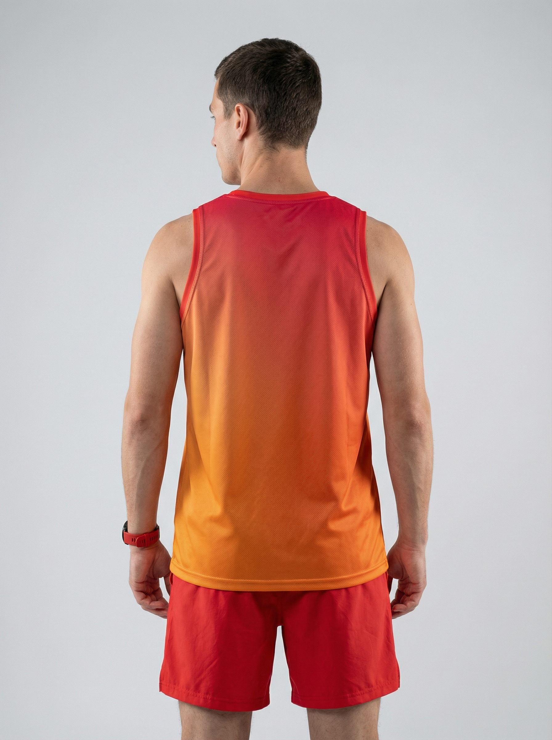 Playera deportiva de mujer — PLAYERA TANK HOMBRE SIN MANGAS ROJO NARANJA MIXED  — Kinestesia. Activewear premium.
