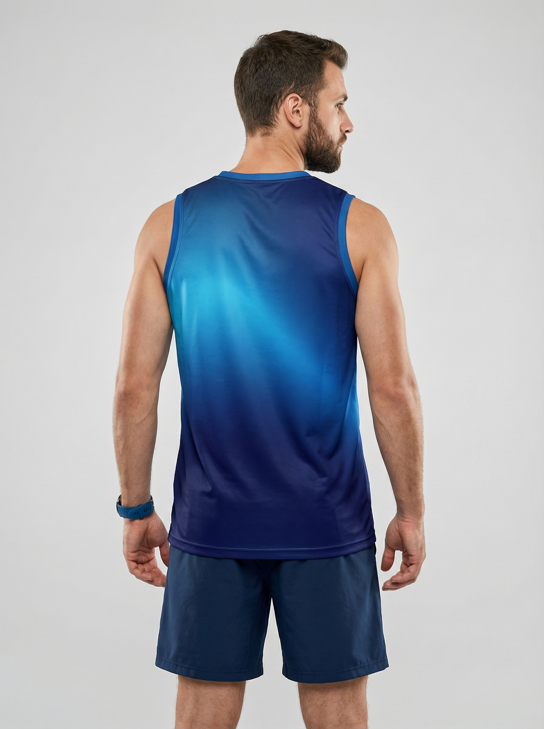 Playera deportiva de mujer — PLAYERA TANK HOMBRE SIN MANGAS AZUL MIXED DEGRADAD — Kinestesia. Activewear premium.