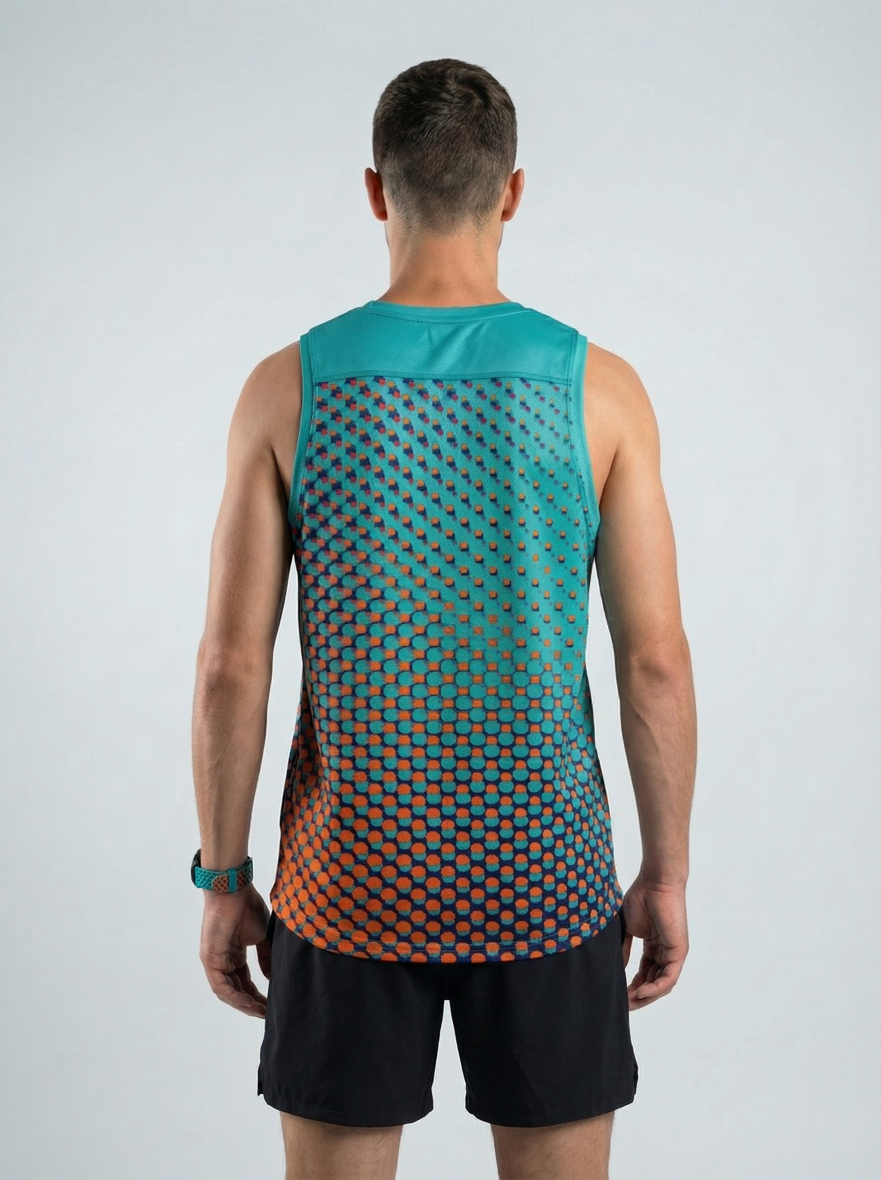 Playera deportiva de mujer — PLAYERA TANK HOMBRE SIN MANGAS PUNTOS TURQUESA NAR — Kinestesia. Activewear premium.