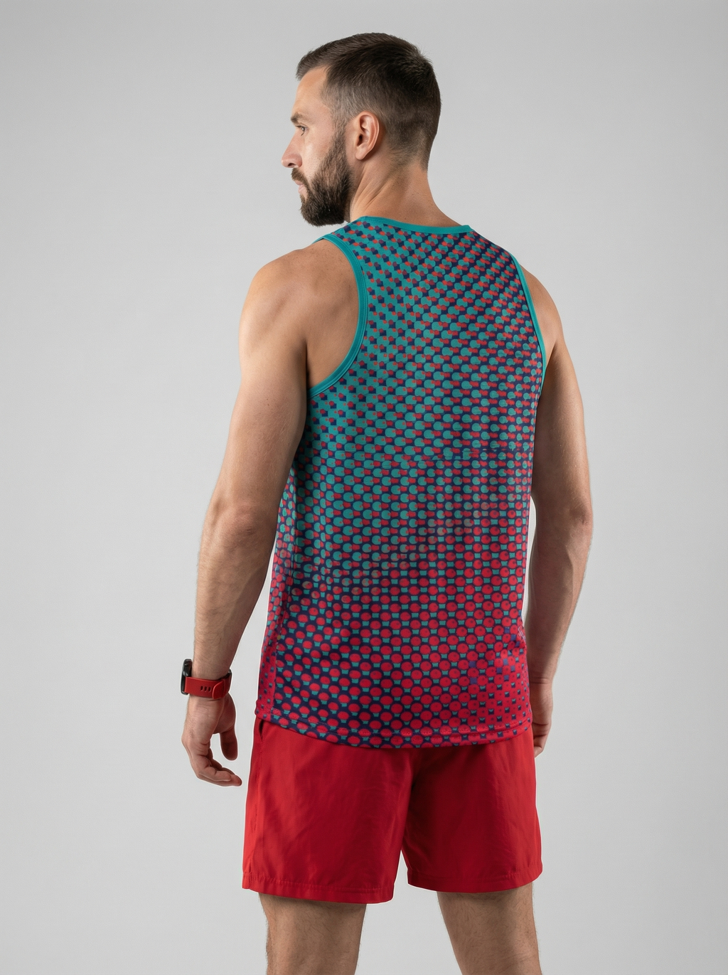 Playera deportiva de mujer — PLAYERA TANK HOMBRE SIN MANGAS PUNTOS VERDE ROJO M — Kinestesia. Activewear premium.