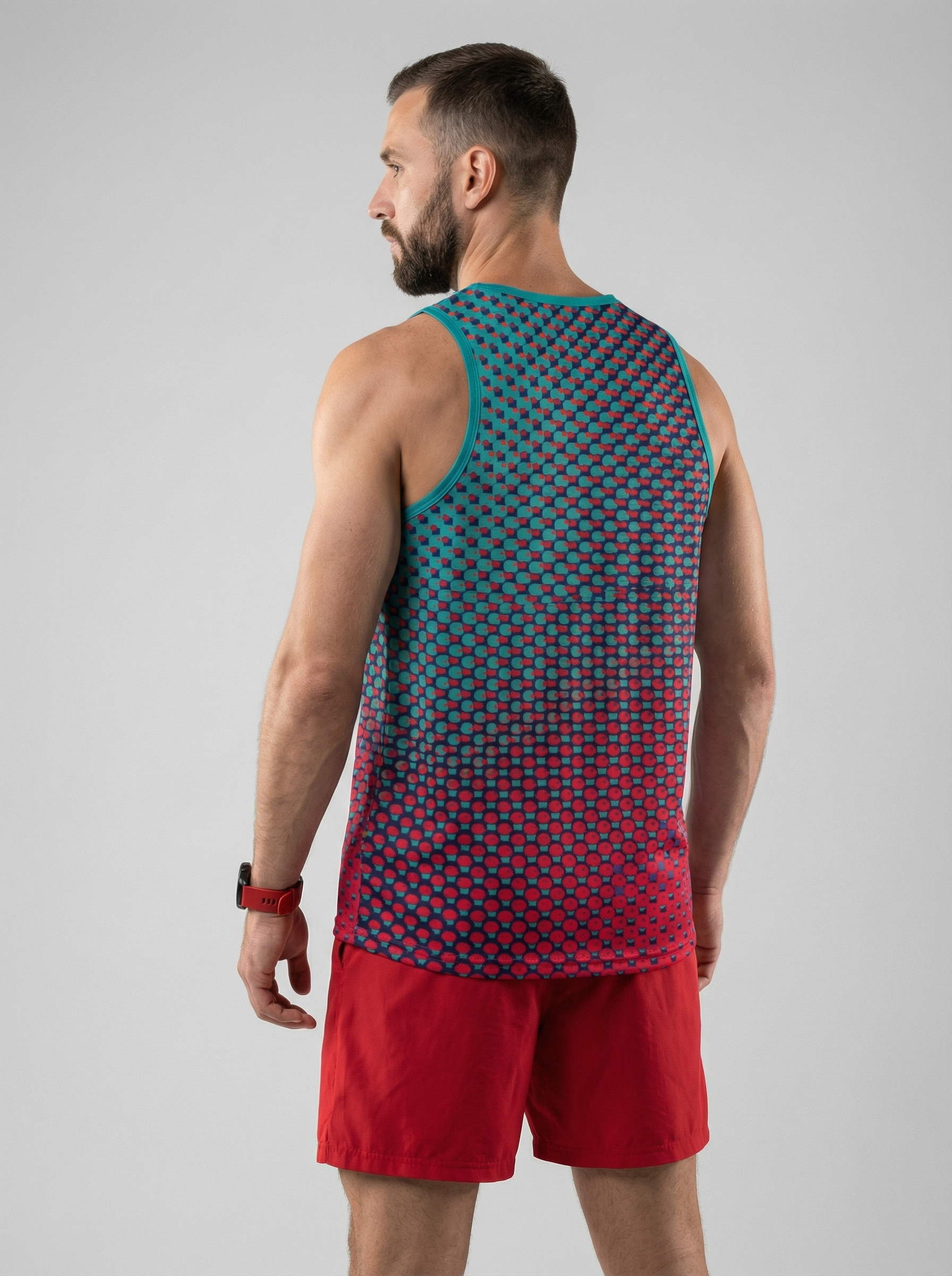 Playera deportiva de mujer — PLAYERA TANK HOMBRE SIN MANGAS PUNTOS VERDE ROJO M — Kinestesia. Activewear premium.