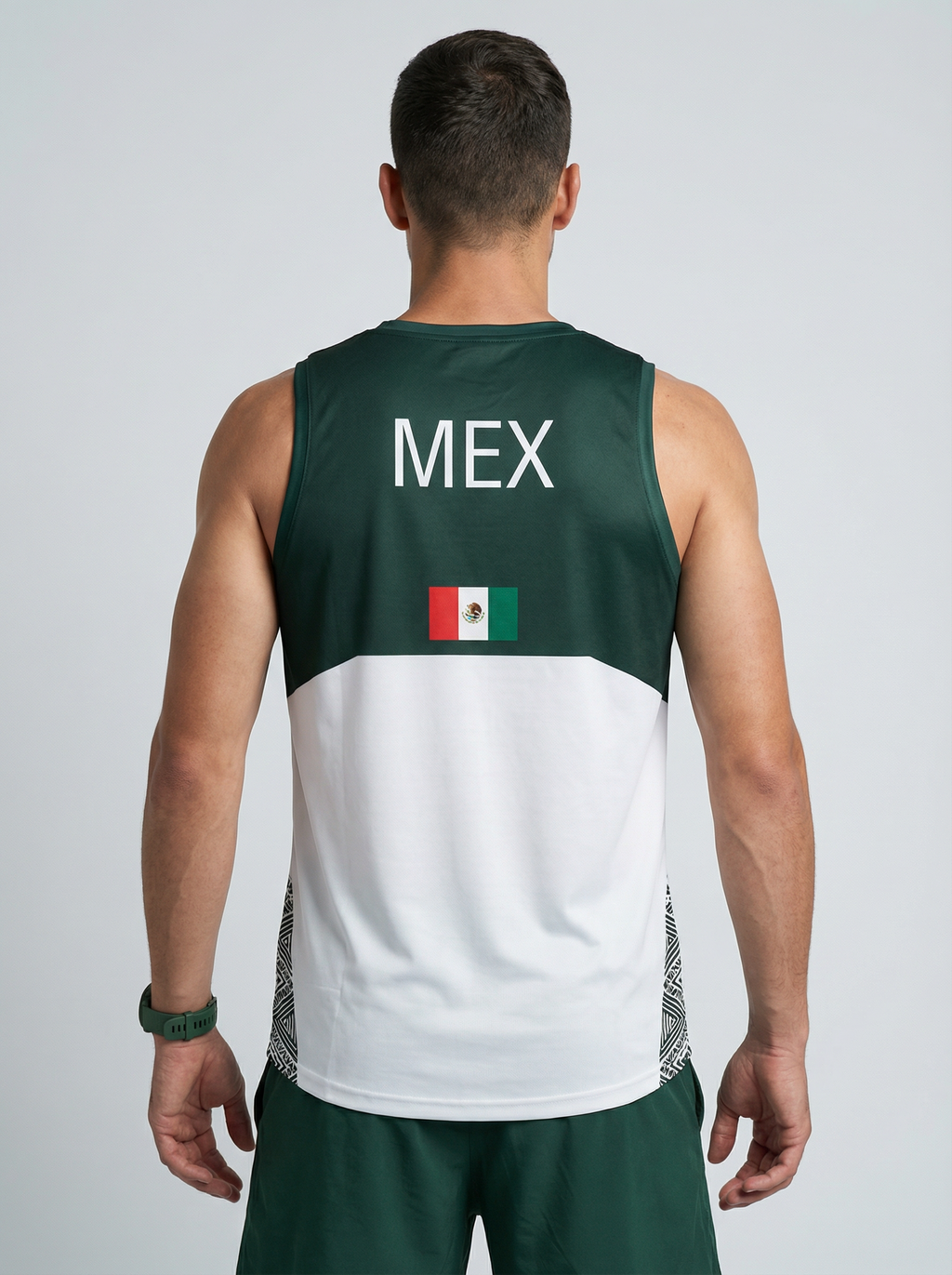 Playera deportiva de mujer — PLAYERA TANK HOMBRE SIN MANGAS VERDE Y BLANCO MEXI — Kinestesia. Activewear premium.