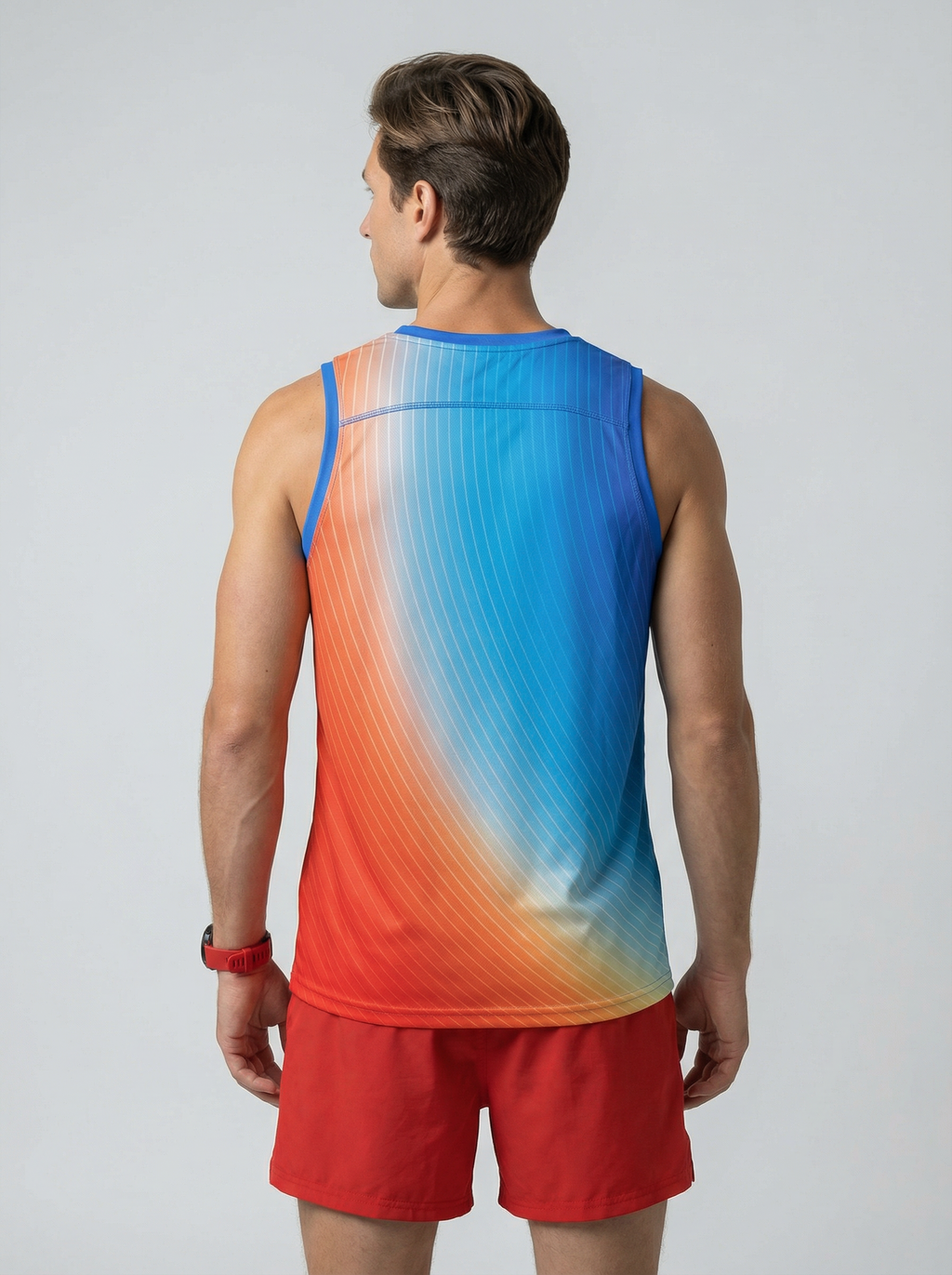 Playera deportiva de mujer — PLAYERA TANK HOMBRE SIN MANGAS AZUL NARANJA MIXED  — Kinestesia. Activewear premium.