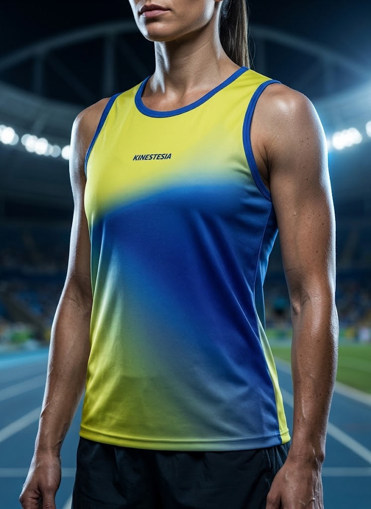 PLAYERA TANK MUJER SIN MANGAS AMARILLO AZUL MIXED DEGRADADO