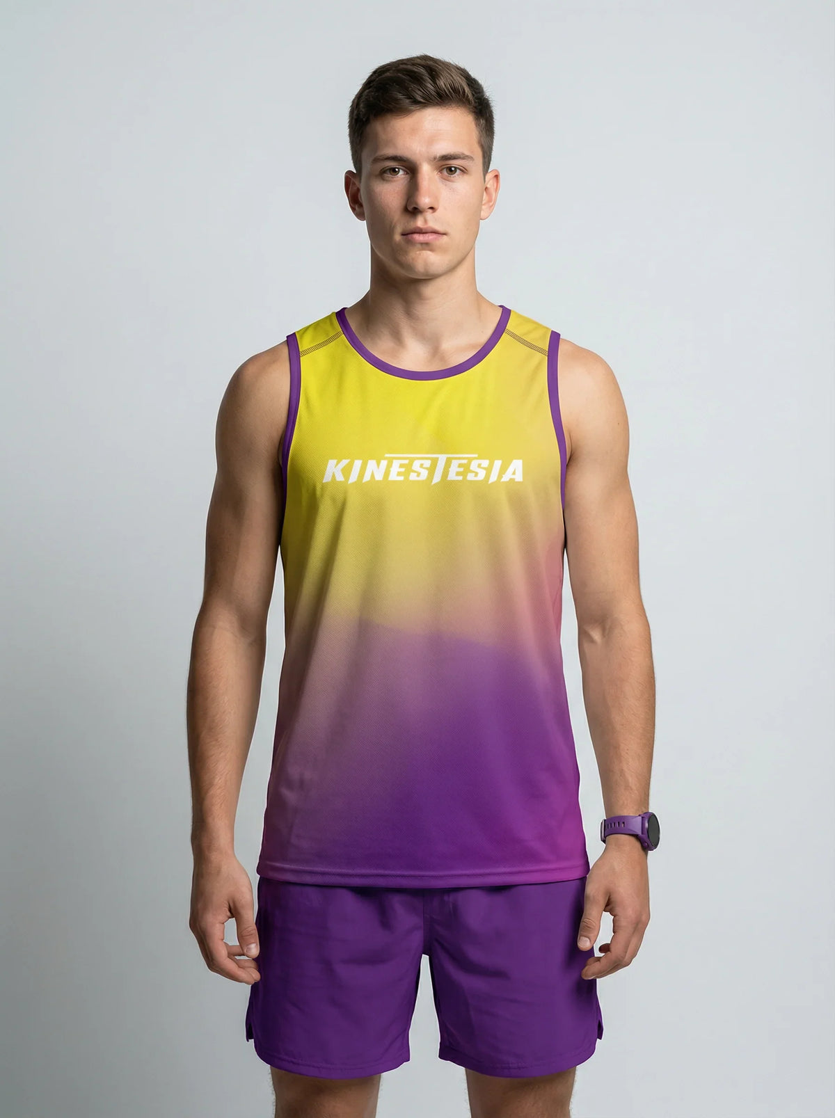 PLAYERA TANK HOMBRE SIN MANGAS AMARILLO MORADO MIXED DEGRADADO